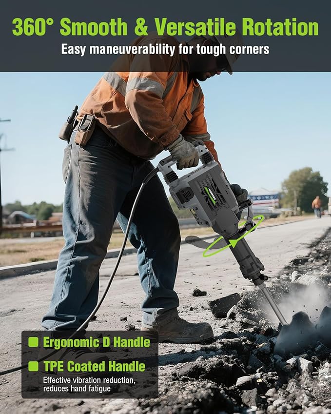 WORKPRO 60 J Demolition Jack Hammer – 15A Heavy Duty Electric Concrete Breaker, 1900 BPM Industrial Jackhammer with 2 HEX30 Chisels, UL Plug, Wheeled Carry Case for Construction & Renovation