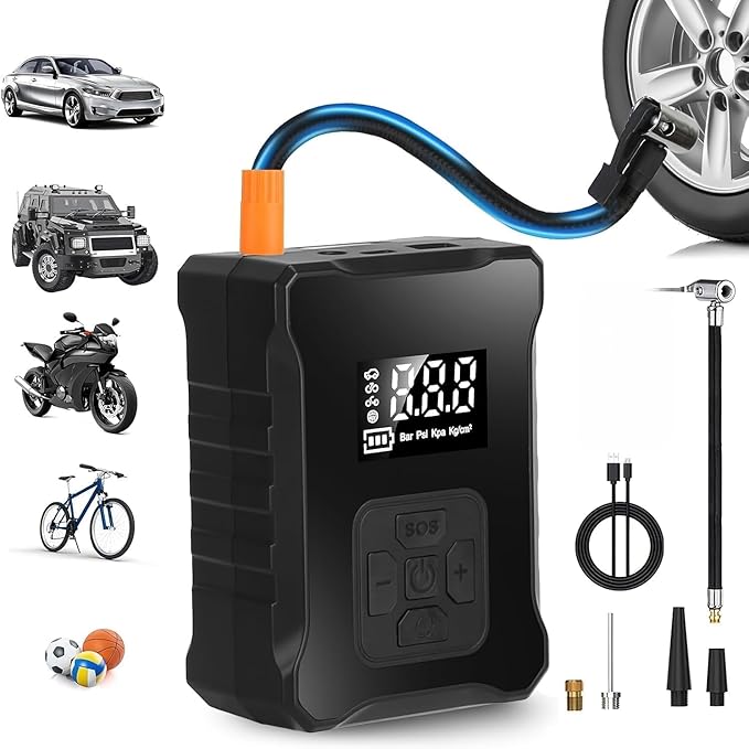 Cordless Tire Inflator, 150 PSI Portable Air Compressor with 4000mAh Battery, Auto Shut-Off Digital Pressure Gauge & LED Light for Car, Motorcycle, Bicycle & Balls