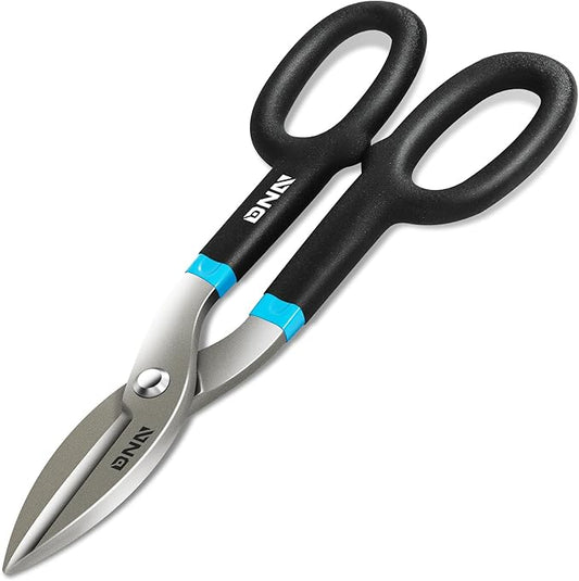 DNA Motoring Straight Cut Tin Snip Shears, Heavy Duty High Carbon Steel with Vinyl-Dipped Handles, Black/Blue, TOOLS-00491