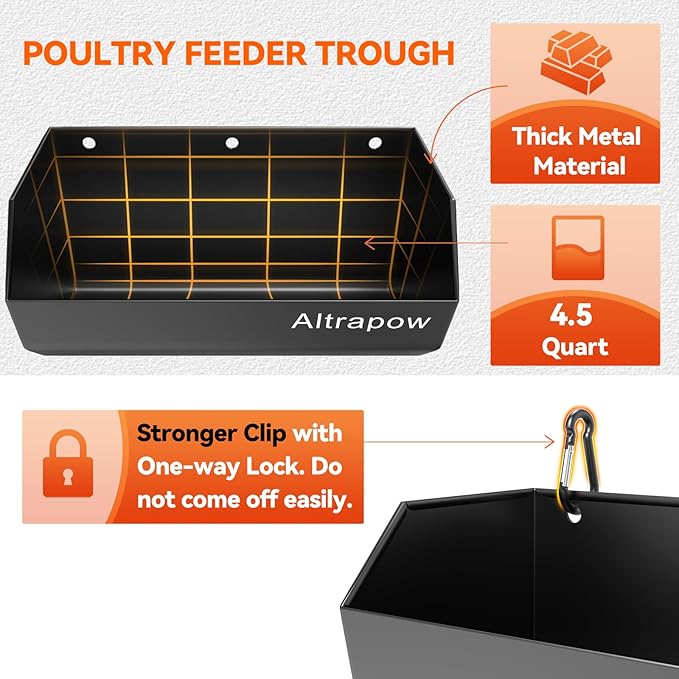 4.5 Quart Hanging Goat Feeder [Material of Metal] with Clips and Nylon Tie Wraps, Fence Feeder [Sturdy and Durable] for Goat, Pig and Dog, Black, 4 Pack