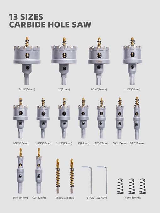 HIGHFIRE 20pcs Carbide Hole Saw Kit with Case, Carbide Tipped Hole Cutter with Pilot Drill bit for Stainless Steel, Iron, Aluminum, Alloy, Plastic