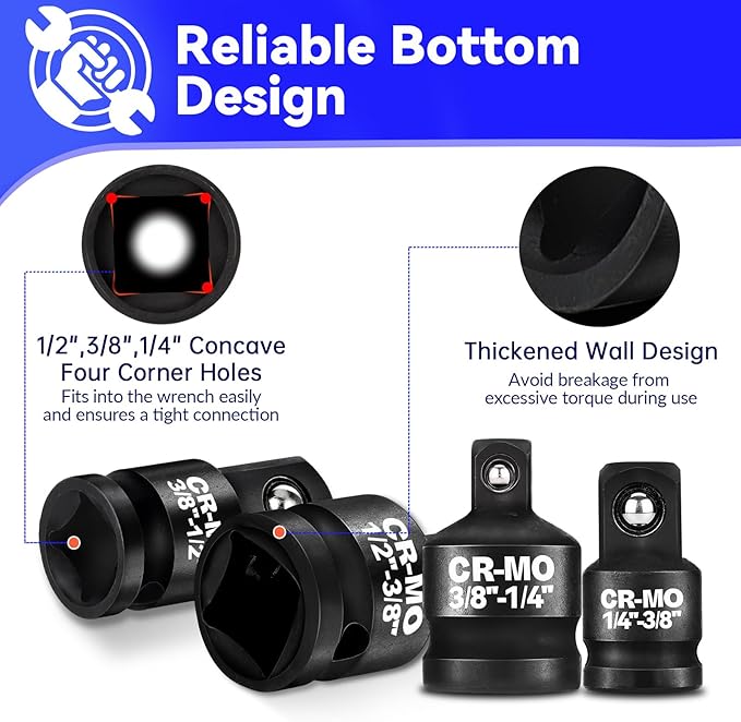 1/4" 3/8" 1/2" Impact Socket Adapter Reducer Set, 4 Pcs Chrome Molybdenum Steel Drive Conversion Adapters, for Sockets and Impact Wrench