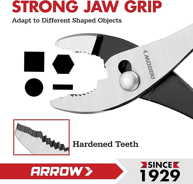 ARROW 8" Slip Joint Pliers, Pliers Tool with Thick Dip-Grip Handle, Strong Grip Jaws, High Carbon Steel, Pliers for Gripping, Loosening Nuts and Bolts, Cutting Steel Wire