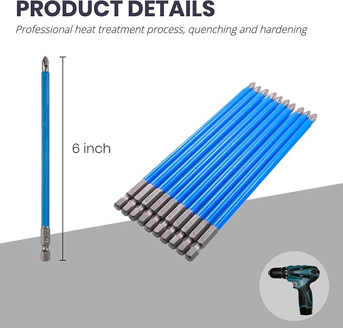 Anti Slip Phillips PH2#2 Screwdriver Bit Set 10PCS 1/4 Inch Hex Shank 6 Inch/150 mm Length S2 Steel with Magnetic for Power Screwdriver Impact Drill Toolkit