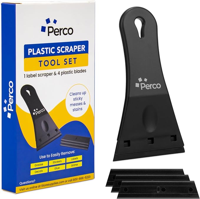Perco 3-Inch Plastic Scraper with 3 Extra Blades for Quick and Effective Adhesive Removal - Safe on Most Surfaces with User-Friendly and Anti-Slip Handle