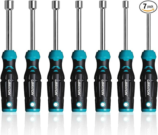 Libraton Hollow Nut Driver Set SAE, Magnetic Hex Nut Drivers, 3-inch Full-hollow Shaft for Long Bolts, 7-Pieces Standard Sizes 3/16, 1/4, 5/16, 11/32, 3/8, 7/16, 1/2 Inch