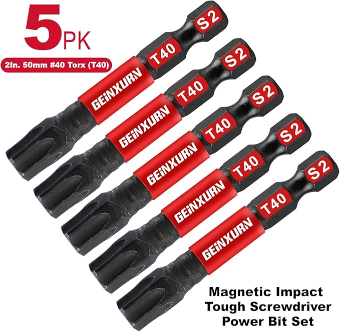 5 Pieces T40 2 In. Impact Tough Magnetic Insert Bit Set, #40 Torx Head Power Bits, S2 Alloy Steel Star T40 Screwdriver Bits Set