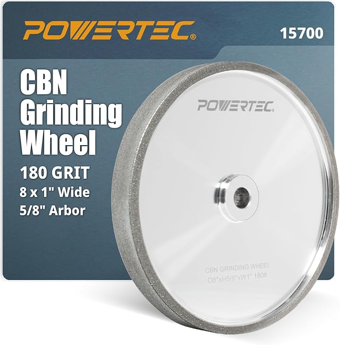 POWERTEC CBN Grinding Wheel 8 Inch 180 Grit, Bench Grinder Wheel for Sharpening HSS Tools, Lathe Tools & Chisel Set, 8" x 1" Wide, 5/8" Arbor Bench Grinder Wheels for Bench Grinder, 1 PK (15700)