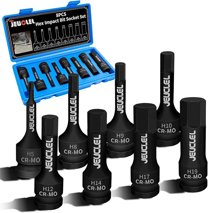 8PCS Hex Impact Bit Socket Set, 1/2-Inch Impact Drive Allen Socket Kit, Cr-Mo Steel Lengthen Hex Screwdriver Socket Adapter