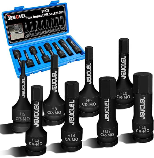 8PCS Hex Impact Bit Socket Set, 1/2-Inch Impact Drive Allen Socket Kit, Cr-Mo Steel Lengthen Hex Screwdriver Socket Adapter