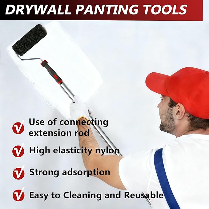 Ceeintee Drywall Skimming Blade Set, Include 24" Skimming Blade, 12" Mud Pan, 7" Drywall Compound Rollers, a Extension Handle and Three Drywall Tools for Drywall/Plaster/Wallboard