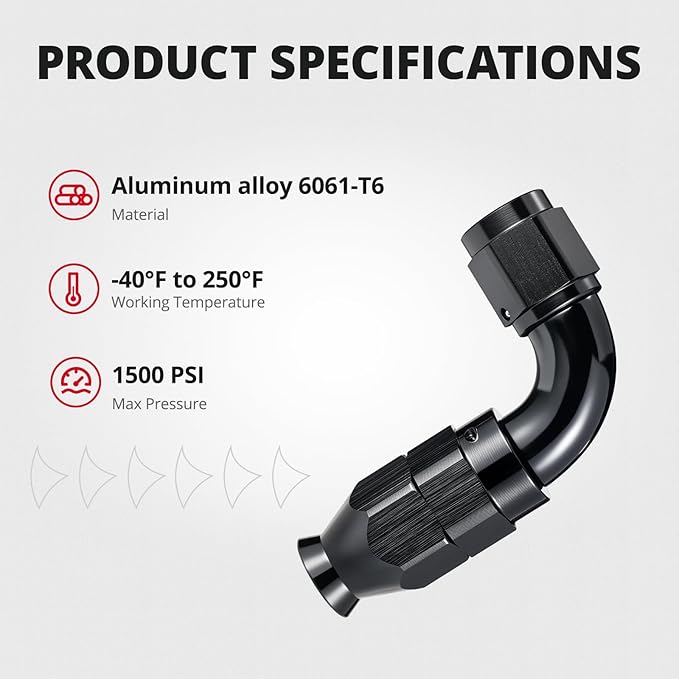 EVIL ENERGY 6AN 45 Degree PTFE One Piece Full Flow End Hose Fitting Aluminum Black 2PCS