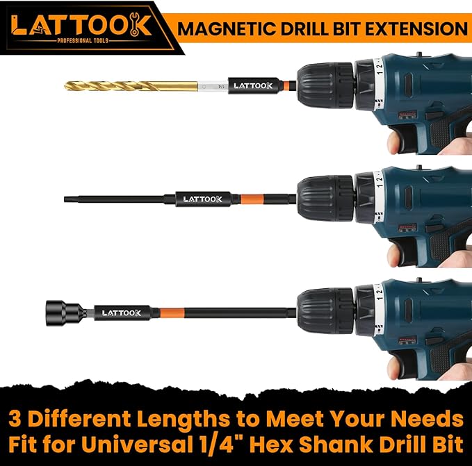 Drill Bit Extension Set, LATTOOK 6PCS Magnetic Drill Extension Bit Holder for Impact Driver, 1/4" Hex Shank Drill Bit Extender, 2.3'', 4'', 6'' Drill Bit Extension
