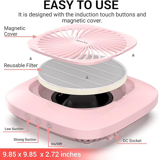 MelodySusie Professional Classic Nail Dust Collector with Powerful Suction, SPro 4000RPM Nail Vacuum Fan with 2 Suction Modes & Reusable Filter As An Essential Tool for Nai Tech &Salon Use,Pink