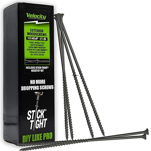 Velocity Long Length Exterior 8 Inch Wood Screws - T30 Torx Bits (Size #12) ??Rust Resistant Long Wood Screw Set with Stick Tight Hexstix Driver Bit (25 Count)