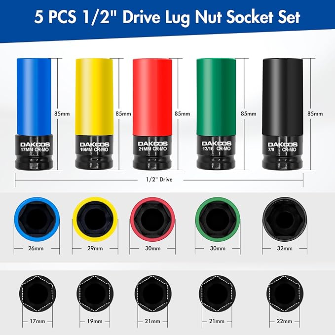1/2" Drive Impact Lug Nut Socket Set, 5PCS Metric 17 19 21MM & SAE 13/16 7/8INCH Wheel Socket Set, Thin Wall Socket Set with Colored Protective Covers