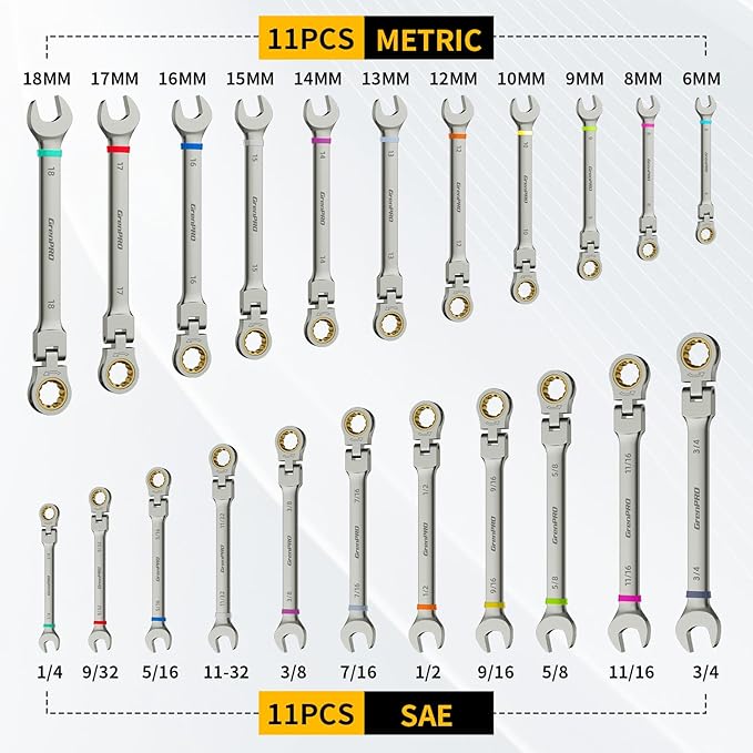 GRENPRO 23PCS Flex-Head Ratcheting Wrench Set, Combination Ratchet Wrenches Set Metric and Standard & SAE with Organizer Box, 6-18mm & 1/4" to 3/4" with Color Ring, Nickel Plating Socket Mechanic Tool