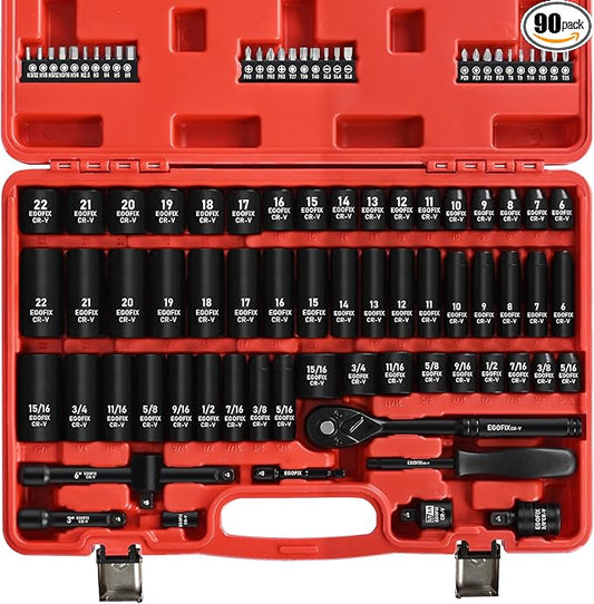 3/8" Drive Impact Socket Set, 90 Piece Metric Socket (6-22mm) and Standard SAE Size (5/16-15/16 inch) 6 Point, with 72-Teeth Ratchet Wrench, Mechanics Tool Kit for Automotive Repair