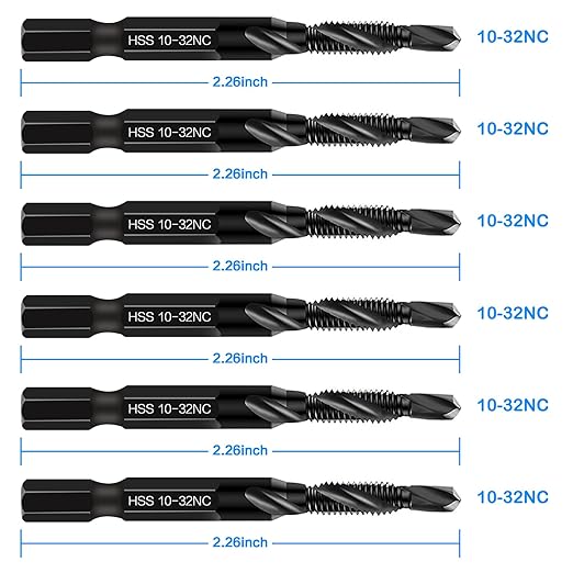 6-Piece 10-32NC Combination Drill Tap Countersink Bit Set SAE, Made of High-Speed Steel with Anti-Rust Blackened Coating, Ideal for Soft Metal, Wood & Plastic, 10-32NC Thread Size, 1/4??Hex Shank