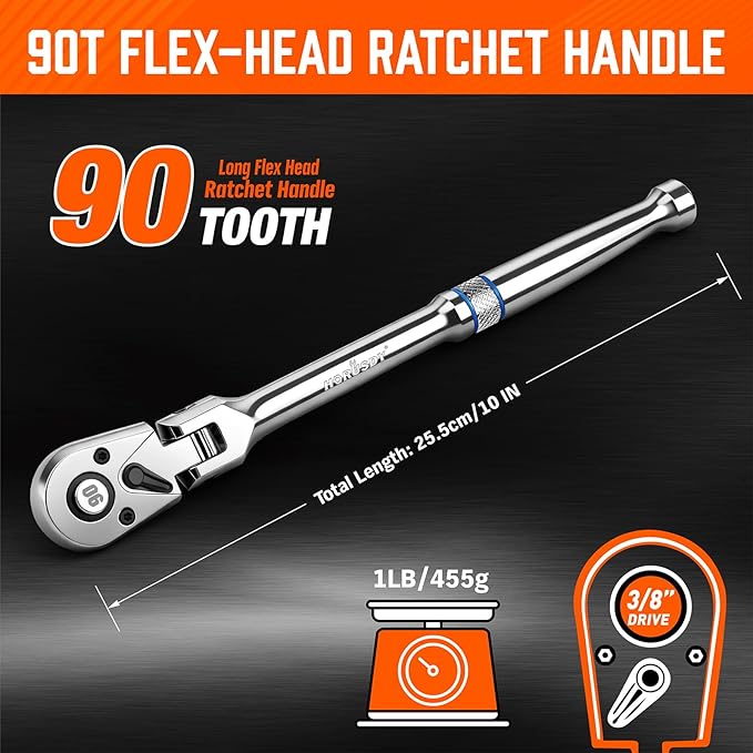 HORUSDY 3/8" Drive 90-Tooth Flex Head Ratchet Handle, 180째 Adjustable CR-V Ratchet with Quick Release & Reversible Switch, 4째 Swing Arc Socket Wrench for Automotive, Bike & DIY Repair