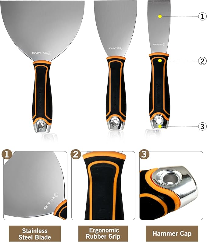 ROLLINGDOG Putty Knives - Putty Knife Scraper,Putty Knife Set for Paint Scraper,Drywall Repair Mud Knife and Wallpaper Stripping,Pack of 3 (1.5" 3" 6")
