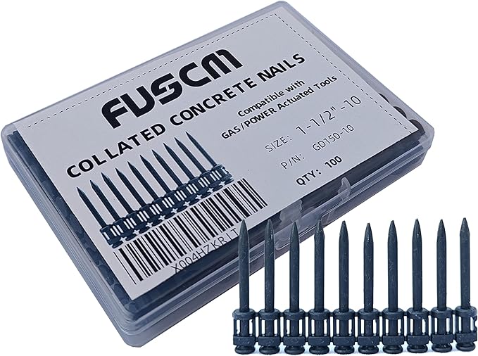 1-1/2" Collated Concrete Nails, .115" Shank Black Pins for Fastening Metal Framing to Concrete or Steel by Gas Acutated Tools, 100pcs/pack