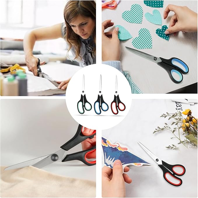 3-Pack 8" Heavy Duty Scissors with Ultra Sharp Blades and Comfort Grip Handles - For Office, Home, School, Sewing, and Crafts (Black Green/Black Red/Black Blue)