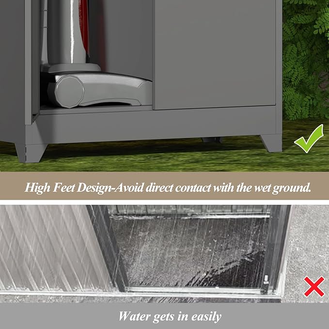 GREATMEET 72.8" Outdoor Broom Storage Cabinet, Waterproof Outdoor Narrow Storage Shed, Metal Storage Cabinets for Cleaning Supplies with Slanted Roof, Utility Closet, Broom Mop Storage Cabinet, Grey