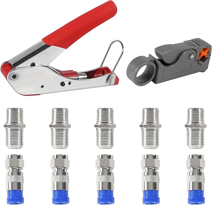 ALMOCN Coax Cable Crimper Tool Kit Coaxial Compression Tool Coaxial Cable Stripper with 5PCS RG6 F Type Connector Coaxial Compression Fitting + 5PCS Coaxial Cable Extension Adapter