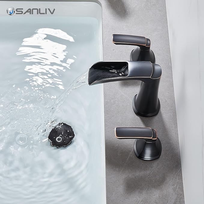 Oil Rubbed Bronze Waterfall Bathroom Faucet, Sanliv 3-Piece Widespread Bathroom Sink Faucets, 2-Handle Bronze Vanity Faucet for 3-Hole Sinks 4-8 Inch with Pop-Up Drain (ORB)
