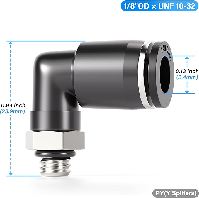 TAILONZ PNEUMATIC Male Elbow 1/8 Inch Tube OD x UNF 10-32 Thread 90 Push to Connect Fittings PL-1/8-U10 (Pack of 2)