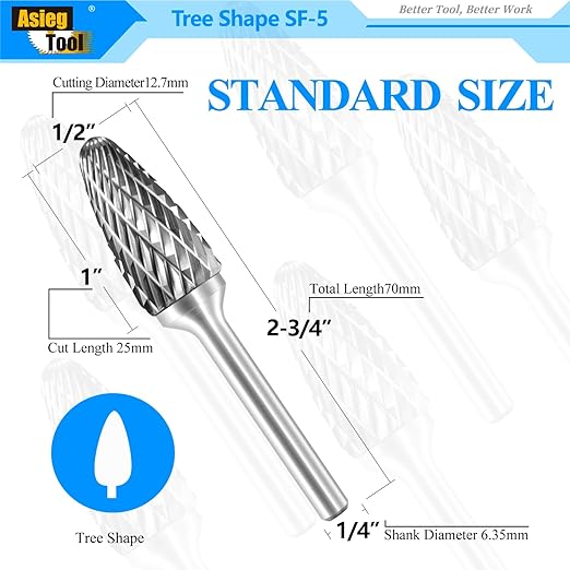 SF-5 Tungsten Carbide Burr Rotary File Tree Shape Radius End Shape Double Cut for Die Grinder Drill Bits 1/4'' Inch Diameter of Shank and 1/2'' Diameter of Cutter 1'' Inch Cutter Length