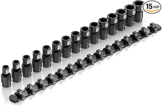 Olsa Tools Swivel Impact Socket Set, 1/2" Drive Metric - Pinless Universal Joint Sockets - Impact Swivel Socket Set - Drop-Forged Cr-Mo High Torque Wobble Sockets with Rail - Part: 1781