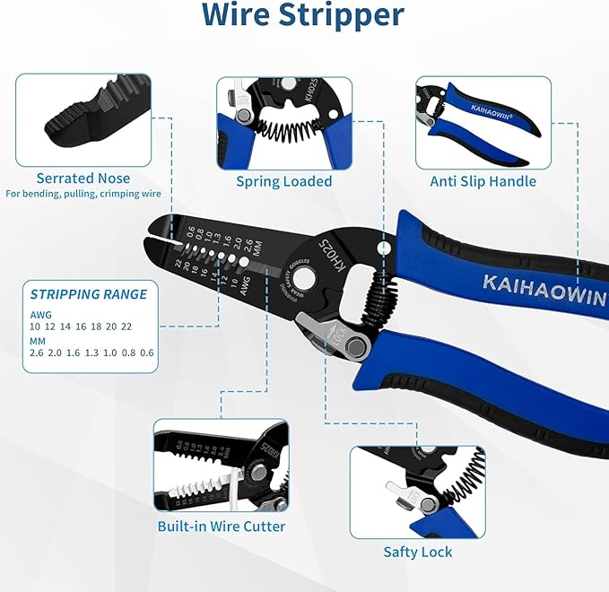 KAIHAOWIN 2 Pack Wire Stripper and Cutter with Safety Lock and Spring Loaded Professional Stripping Pliers Electrican Tool Small Gauge for 10-22 AWG Stranded Wire