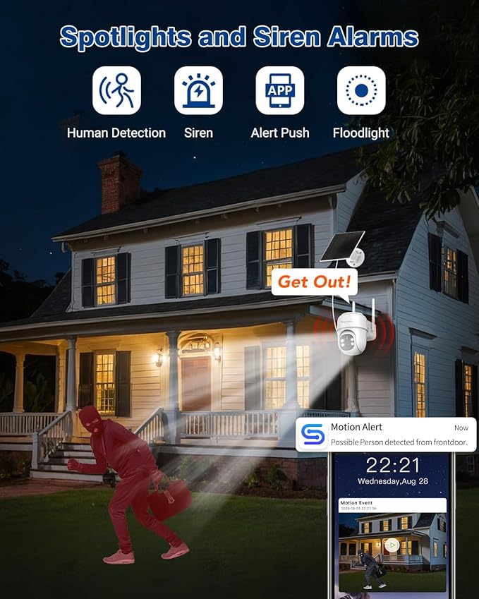 Septekon 360째PTZ Security Cameras Wireless Outdoor 2 Pack, 2K Solar Battery Powered Cameras, 2.4G WiFi Camera with Spotlight, Motion Detection, Siren, Color Night Vision, IP66, White