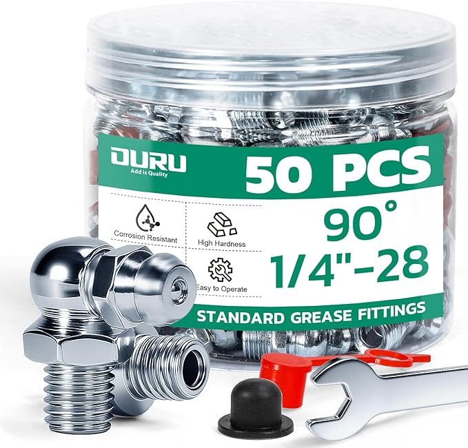 50PCS 1/4"-28 Grease Fittings Kit, SAE Zerk Grease Fittings 90 Degree with Grease Fitting Caps & Wrench Kit(9mm) for Grease Gun