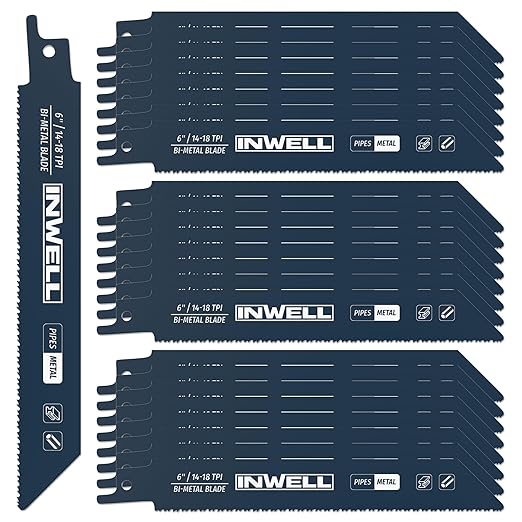 6 Inch Reciprocating Saw Blades, 14/18 TPI Bi-Metal for Metal Cutting, 25-Pack Durable Reciprocating Blades
