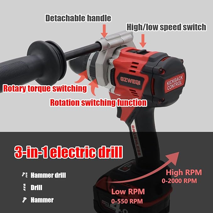 18V Brushless Heavy-duty Impact Drill,122 ft-lb(165Nm), 31500 IPM, 1/2" Keyless Metal Chuck, 20+1+1 Clutch, Cordless Hammer Drill Kit for Drilling Brick Wall, Metal, Wood