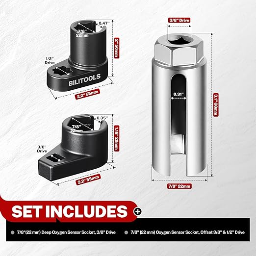 BILITOOLS 3-Piece O2 Oxygen Sensor Socket Set, Offset Oxygen Sensor Wrench Set 7/8" (22mm) x 3/8" & 1/2" Drive