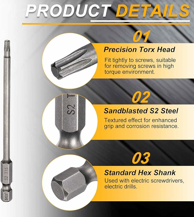 HARFINGTON 2pcs T15 Torx Head Screwdriver Bit 1/4" Hex Shank 4" (100mm) Long Magnetic No Hole Tip Tamper Proof 6 Point Star Screw Driver Drill Bits S2 Steel Industrial Power Screwdrivers