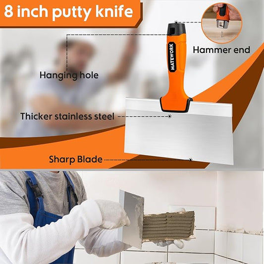 8 Inch Spackle Knife Tools, Putty Knife Scraper, Ergonomic Grip Tapping Knife with Hammer End for Drywall Work