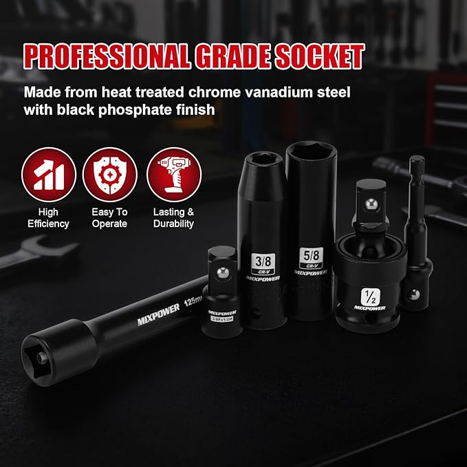MIXPOWER 25 PCS 1/2??Drive Impact Socket Set, 3/8" to 1-1/2" Deep Socket, 6-Point Hex Socket with Portable Case,SAE,CR-V&CR-MO Steel