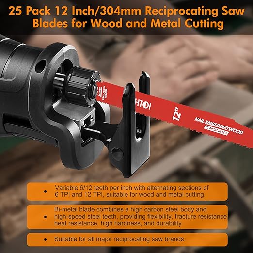 25 Pack 12 Inch 6/12 Tpi Reciprocating Saw Blades for Wood and Nail-Embedded Wood Cutting, Bi-Metal Sawzall Blades with 8% Cobalt for Longer Life and Faster Cutting Speed