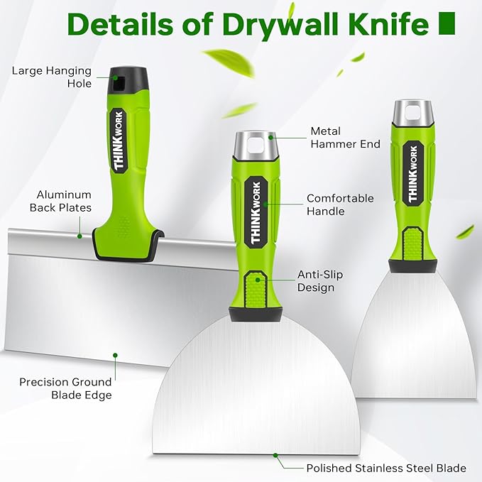 THINKWORK Drywall Tools - 8Pcs Stainless Steel Drywall Knife Set with Putty Knife, Taping Knives, Painter Scraper & 10" Mud Pan, Spackle Tool Set for Joint Taping, Finishing & Patching