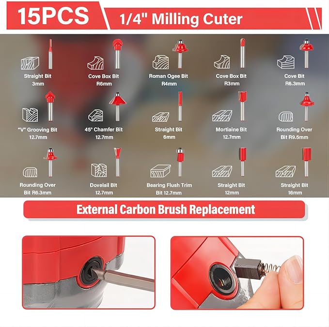 TEENO Wood Router, 6.5 Amp 1.25 HP Compact Router Tools for Woodworking, 13000-33000 RPM Hand Trim Router with 15pcs 1/4" Bits Set, 6 Variable Speeds, Edge Guide, Roller Guide