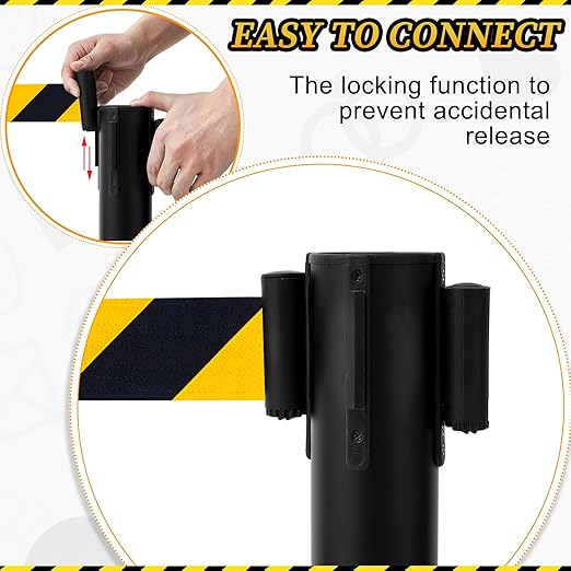 Therwen 6 Pack Heavy Duty Crowd Control Stanchions 9.8 ft Stainless Steel Stanchion Set with Safety Barrier Post Retractable Belt and Sign Holder Crowd Control Barrier (Stripe Belt,Black)
