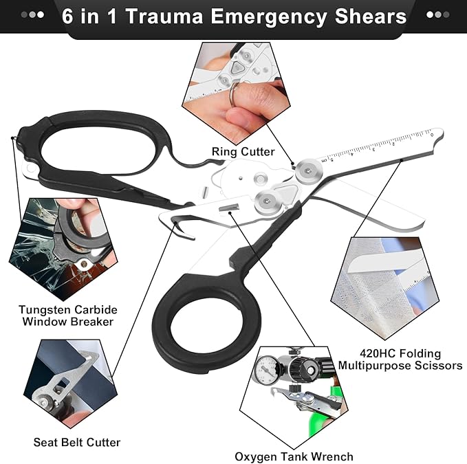 6-in-1 Multi-function Trauma Shears With Holster, Trauma Shears for Nurses Foldable, Heavy Duty Stainless Steel Scissors all Purpose, Outdoor Camping Rescue Scissors（Black）
