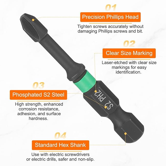 HARFINGTON 5pcs #2 Impact Phillips Screwdriver Bit PH2 1/4" Hex Shank 2" (50mm) Length 0.14" Rod Magnetic Cross Head Drill Bits S2 Steel Industrial Screw Drivers for Impact Power Tools