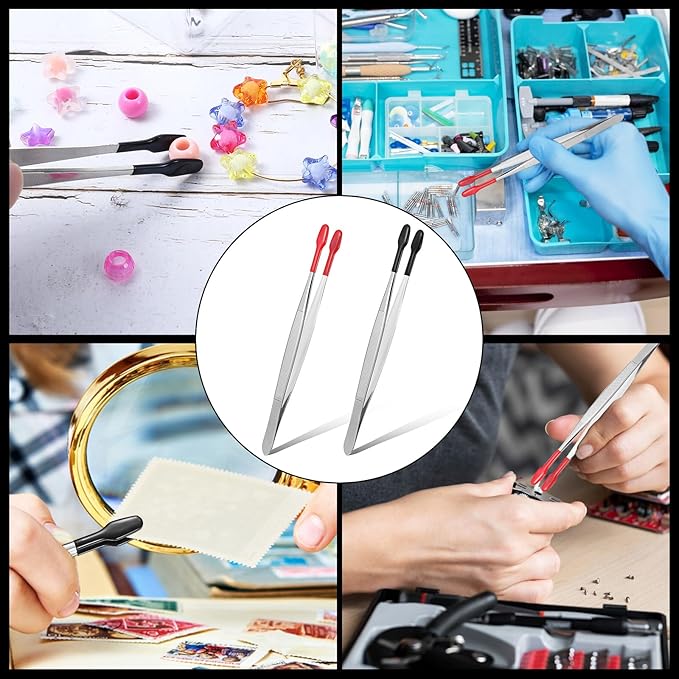 2PCS 6" Rubber Tipped Tweezers Silicone Tips Long Tweezer for Crafts, Coated Hobby Tweezers, Non Marring Stainless Steel Flat Tip Forceps Tweezer for Stamp Coins Jewelry Crafts Industrial Electronic