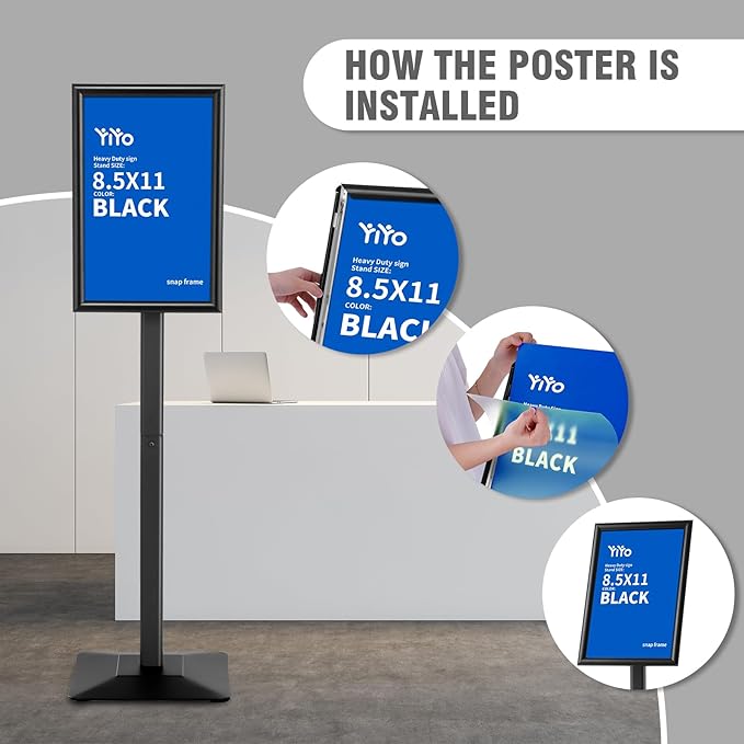 YIYO Sign Stand Poster Stand竊똞djustable heavy duty pedestal Sign Holder Floor Stand竊똞luminium frame floor standing for display 8.5*11 inch竊똁lack (8.5*11 Black)